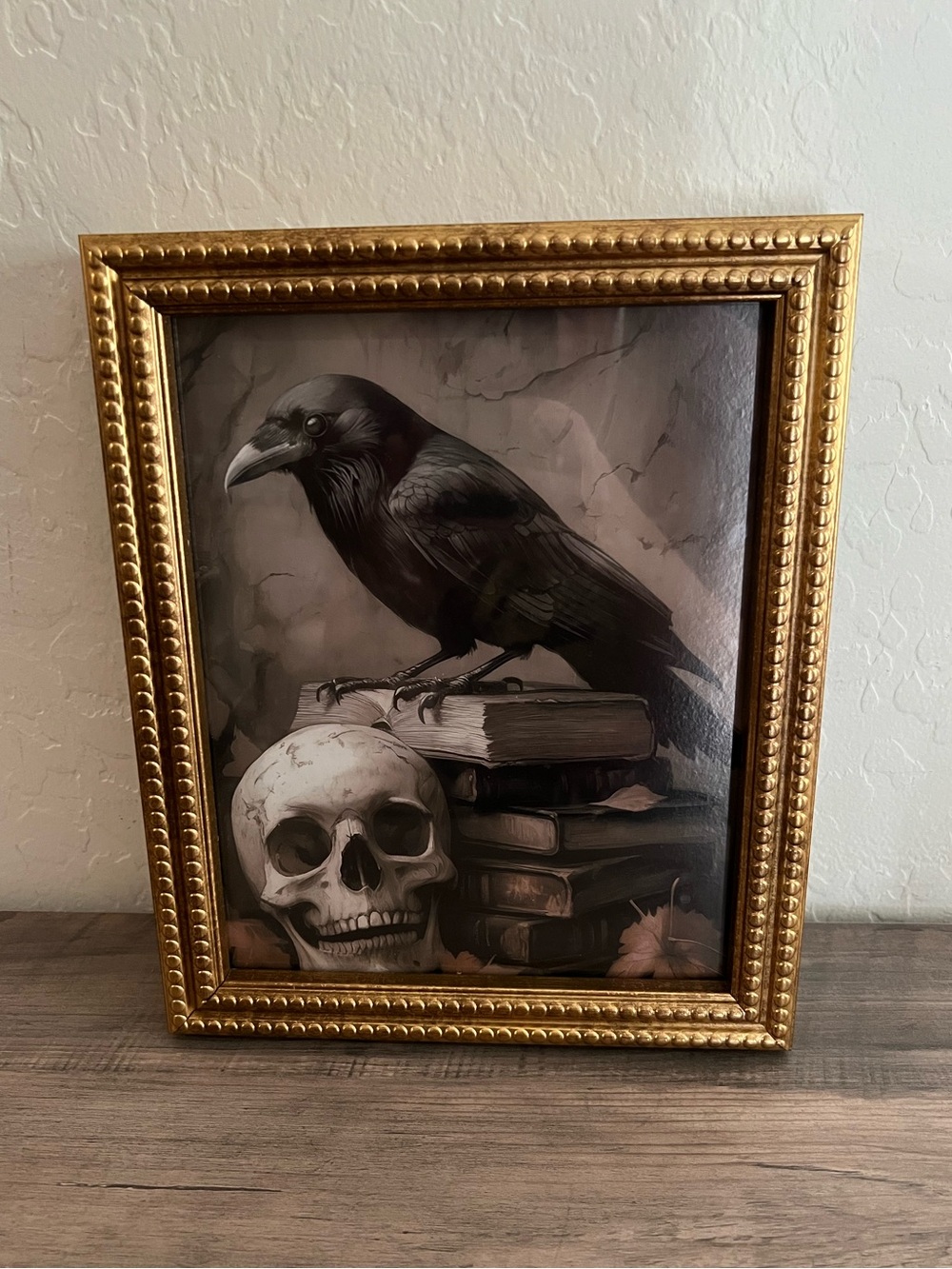 Gold Framed Raven & Skull on Stack on Books Halloween Wall Art - Gold